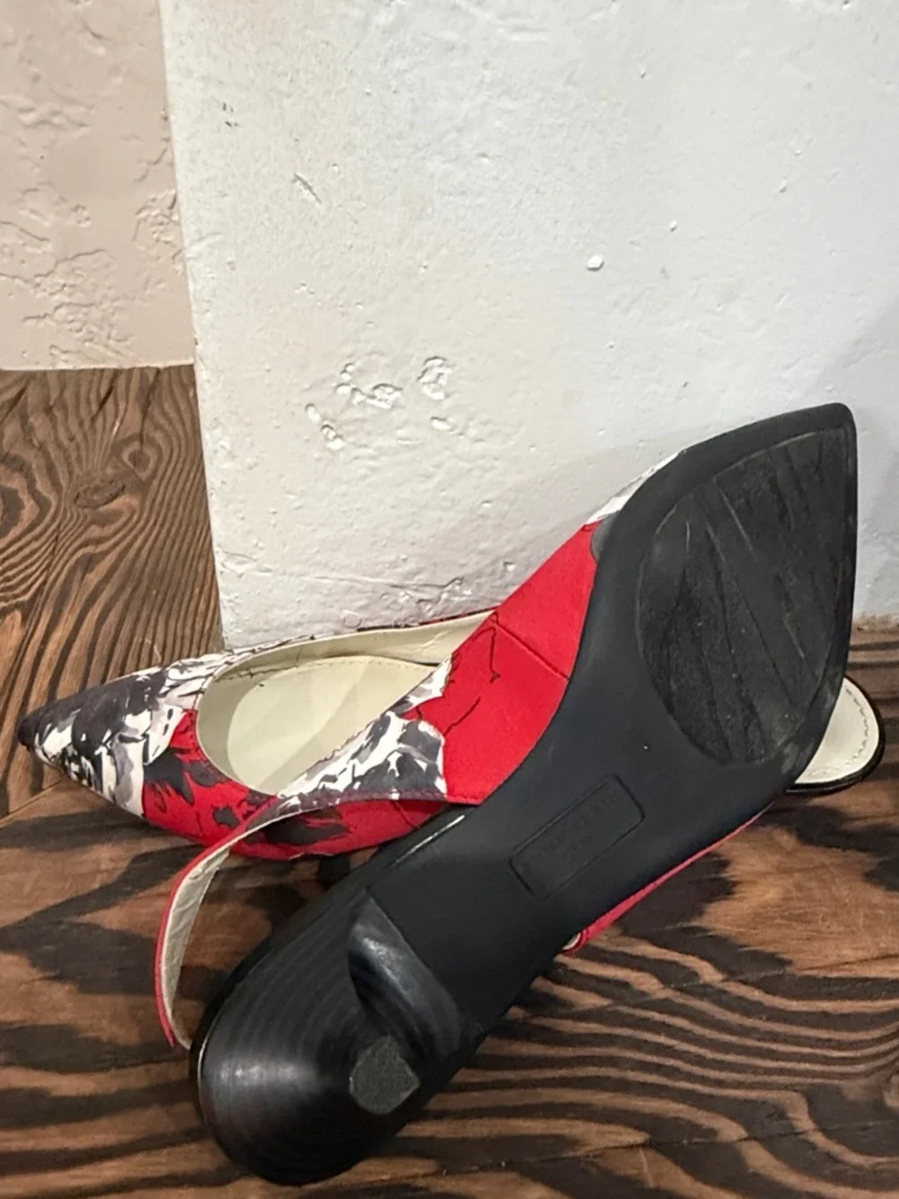 Anne Klein Red and Black Floral Pointed Slingback Kitten Heel Pumps